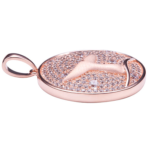 Sterling Silver Pink Gold Plated Pave Cubic Zirconia Whale Tail in Circle Pendant(Chain Sold Separately) - Hanalei Jeweler