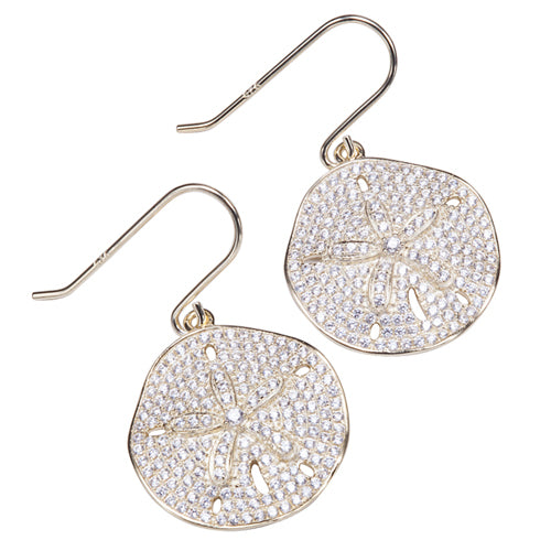 Sand Dollar Star Fish Pave Cubic Zirconia Sterling Silver Hook Earring Yellow Gold Plated - Hanalei Jeweler