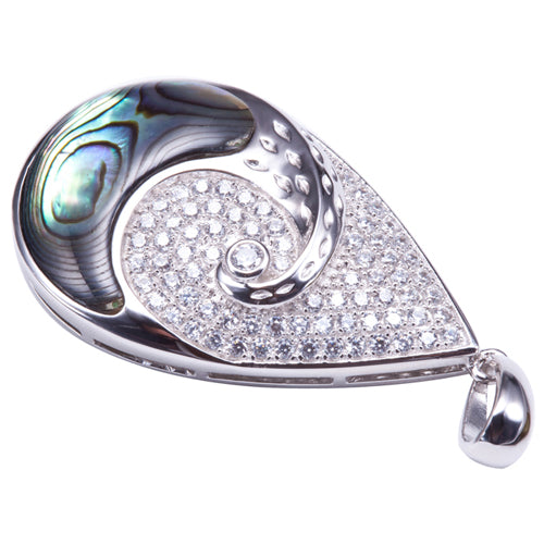 Water Drop Sterling Silver Pendant with Wave Shape Abalone Inlay and Pave Cubic Zirconia(Chain Sold Separately) - Hanalei Jeweler