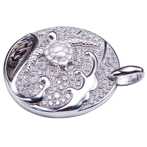 Sterling Silver Pave CZ Circle Pendant with Swimming Sea Turtle and Abalone Inlay Wave(Chain Sold Separately) - Hanalei Jeweler