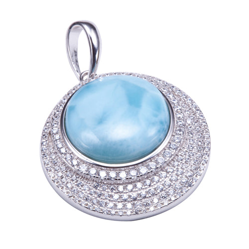 Sterling Silver Pave CZ Larimar Bead Inlay Circle Pendant(Chain Sold Separately) - Hanalei Jeweler
