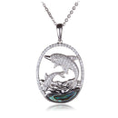 Diving Dolphins Abalone Inlay Wave in Sterling Silver Pave CZ Oval Pendant(Chain Sold Separately) - Hanalei Jeweler