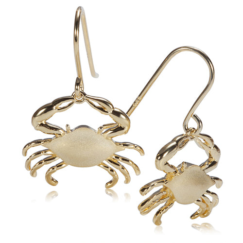 Sterling Silver Yellow Gold Plated Moving Crab Hook Earring Sandblast Finished - Hanalei Jeweler