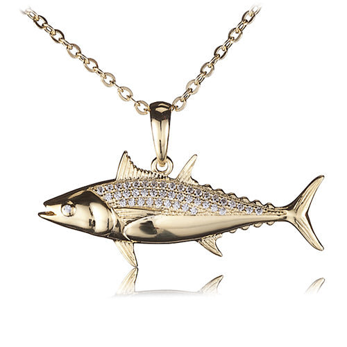 Sterling Silver Yellow Gold Plated Pave Cubic Zirconia Tuna Pendant(Chain Sold Separately) - Hanalei Jeweler