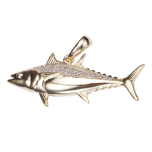 Sterling Silver Yellow Gold Plated Pave Cubic Zirconia Tuna Pendant(Chain Sold Separately) - Hanalei Jeweler