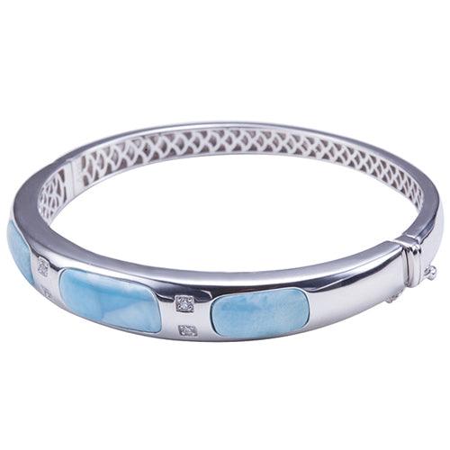 Larimar Sterling Silver Bangle Barrel Band with Pave Cubic Zirconia - Hanalei Jeweler