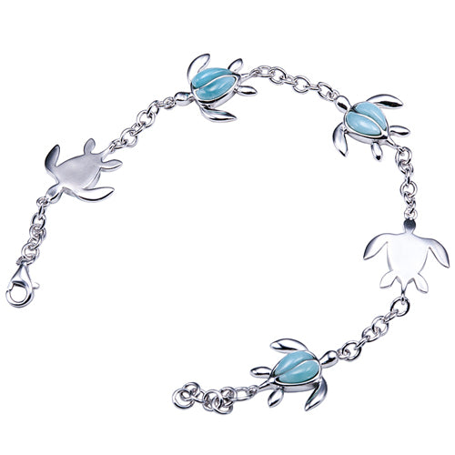 Sterling Silver Larimar Inlay Honu(Turtle) with Link Chain Bracelet - Hanalei Jeweler