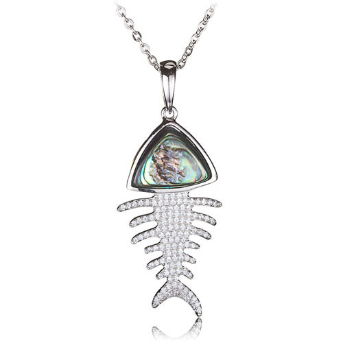 Pave CZ Fish Bone Sterling Silver Pendant with Abalone Inlay(Chain Sold Separately) - Hanalei Jeweler