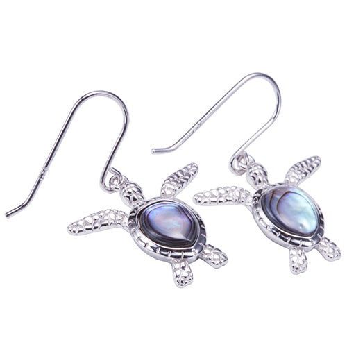 Sterling Silver Abalone Inlay Swimming Sea Turtle Hook Earring - Hanalei Jeweler