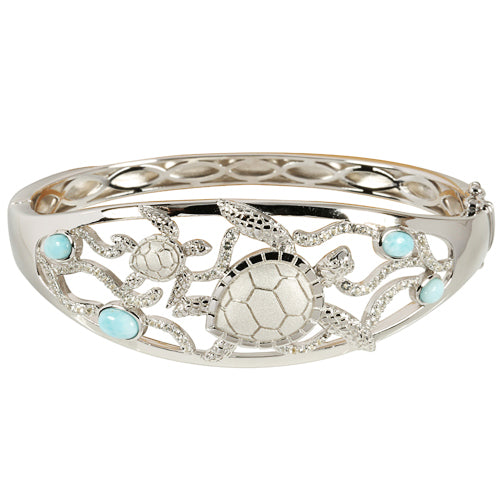 Sterling Silver Swimming Turtle with Larimar Bead Bangle - Hanalei Jeweler