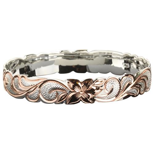 Hawaiian Sterling Silver Bangle Queen Scroll Engraving Cut Out Edge Pink Gold Two Tone