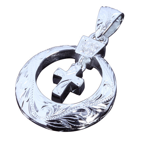 Sterling Silver Scroll Circle + Cross Inside Pendant - Hanalei Jeweler