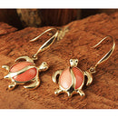 Yellow Gold Pink Coral Inlaid Honu(Hawaiian Turtle) Hook Earring - Hanalei Jeweler