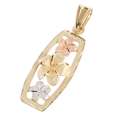 14K Tri-Color Gold Three Plumeria Vertical Pendant(L) - Hanalei Jeweler