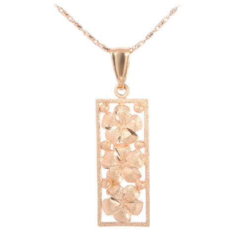 14K Pink Gold Three Plumeria Vertical Pendant - Hanalei Jeweler