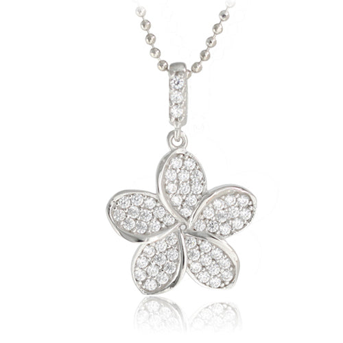 14K White Gold Plumeria Pendant with Pave Clear CZ Set - Hanalei Jeweler