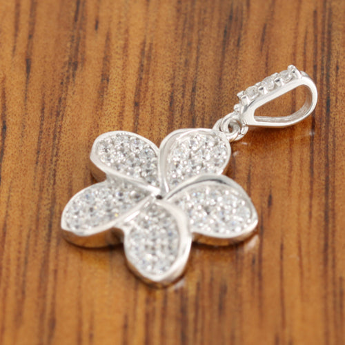 14K White Gold Plumeria Pendant with Pave Clear CZ Set - Hanalei Jeweler