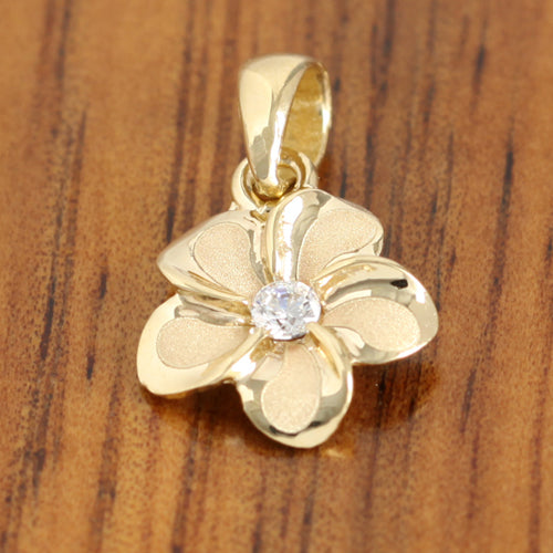 14K Yellow Gold Plumeria Pendant with Clear CZ(XS, S, M, L) - Hanalei Jeweler