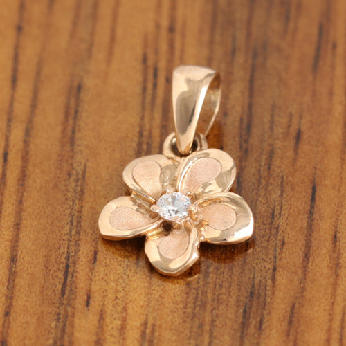 14K Pink Gold Plumeria Pendant with Clear CZ(XS, S, M, L) - Hanalei Jeweler