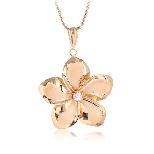 14K Pink Gold Plumeria Pendant with Clear CZ(XS, S, M, L) - Hanalei Jeweler