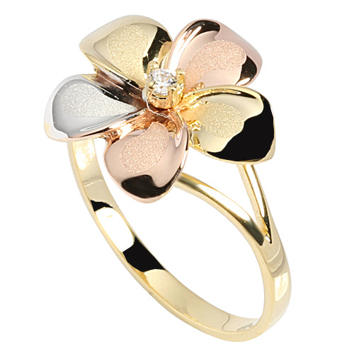 14K Gold tri-color Plumeria Ring with CZ Sandblast Polish Edge 15mm - Hanalei Jeweler