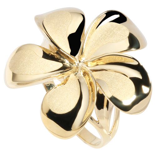 14K Yellow Gold Plumeria Ring Sandblast Polish Edge 23mm - Hanalei Jeweler