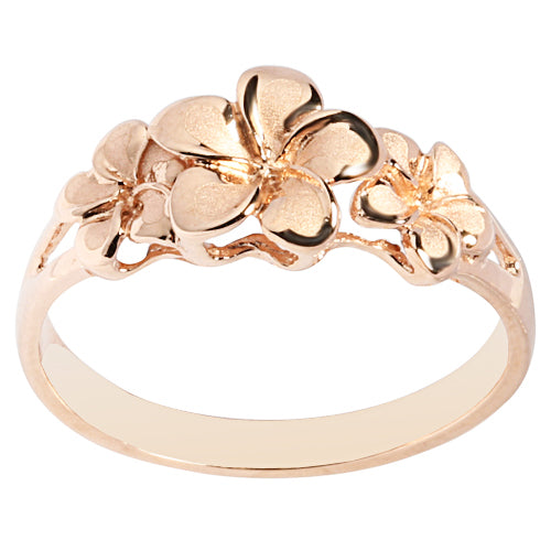 14K Rose Gold Triple Plumeria Ring Sandblast Polish Edge 6-8-6 - Hanalei Jeweler