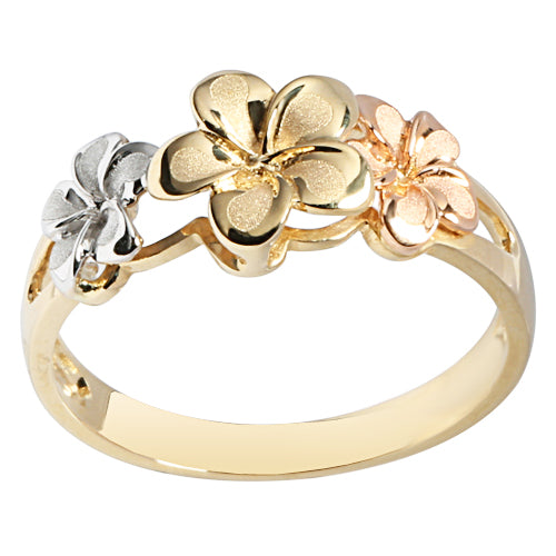 14K Gold Tri-color Triple Plumeria Ring Sandblast Polish Edge 6-8-6 - Hanalei Jeweler