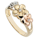 14K Gold Tri-color Triple Plumeria Ring with CZ Sandblast Polish Edge 6-8-6 - Hanalei Jeweler