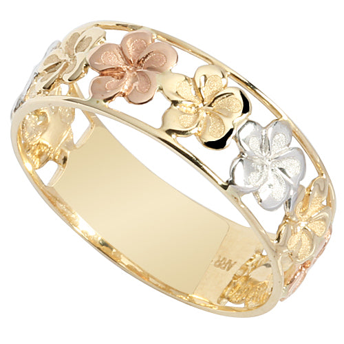 14K Gold Tri-color See Through Plumeria Lei Ring 7mm - Hanalei Jeweler