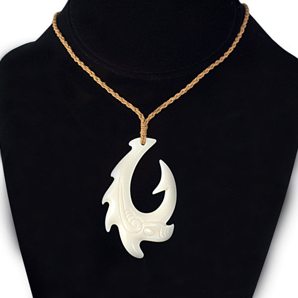 Cow Bone Handcrafted Fish Hook with scroll engraving Necklace - Hanalei Jeweler