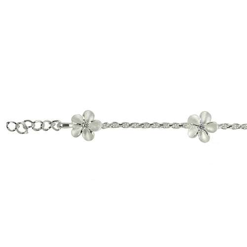 Stelring Silver Rope Chain Plumeria with Clear CZ Links Bracelet - Hanalei Jeweler