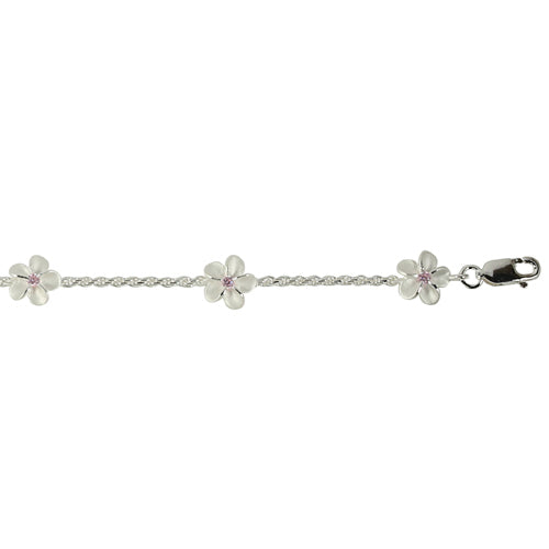 Sterling Silver Rope Chain Plumeria with Pink CZ Links Bracelet - Hanalei Jeweler