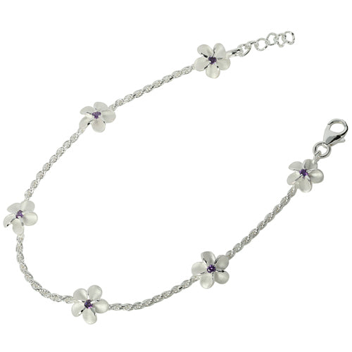 Sterling Silver Rope Chain Plumeria with Purple CZ Links Bracelet - Hanalei Jeweler