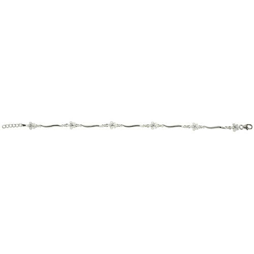 Sterling Silver Hawaiian Plumeria with Clear CZ Wave Bar Links Bracelet - Hanalei Jeweler