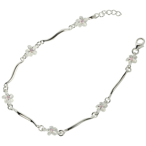 Sterling Silver Hawaiian Plumeria with Pink CZ Wave Bar Links Bracelet - Hanalei Jeweler