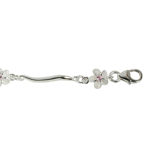 Sterling Silver Hawaiian Plumeria with Pink CZ Wave Bar Links Bracelet - Hanalei Jeweler