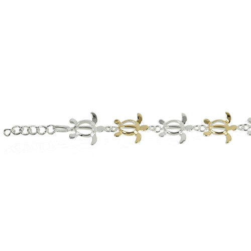 Sterling Silver Hawaiian Turtle Honu One Tone and Yellow Gold Plated Links Bracelet - Hanalei Jeweler