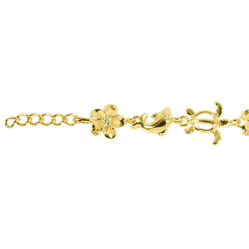 Yellow Gold Plated Sterling Silver Plumeria Honu Dolphin Bracelet - Hanalei Jeweler