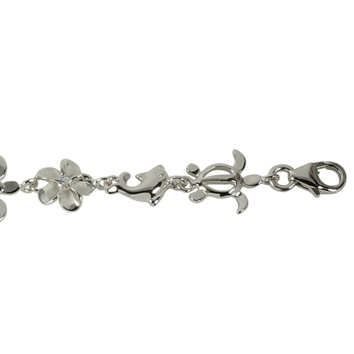 Sterling Silver Rhodium Plumeria Honu Dolphin Bracelet - Hanalei Jeweler