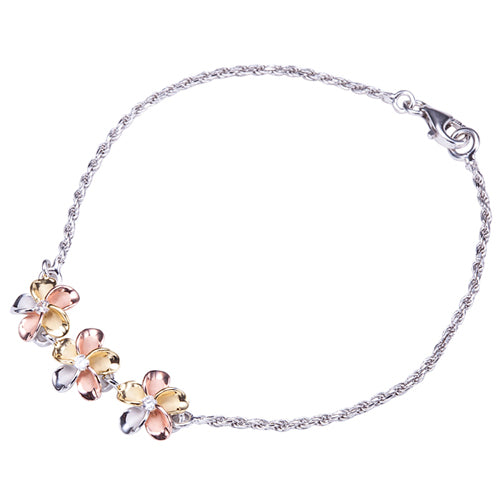 Sterling Silver Plumeria with Rope Chain Bracelet Tri-color finished - Hanalei Jeweler