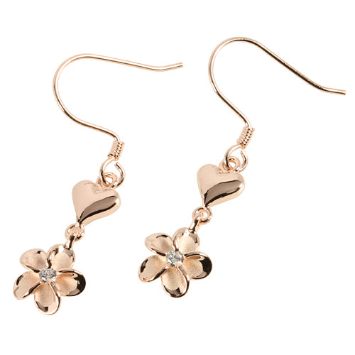Pink Gold Plated Sterling Silver Heart Plumeria Hook Earring 8mm - Hanalei Jeweler