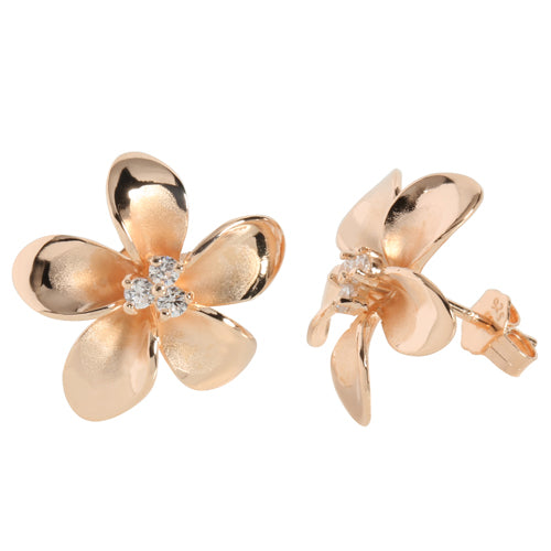 15mm Sterling Silver Plumeria with Pink Gold Plated Three CZ Stud Earring - Hanalei Jeweler