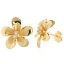 18mm Plumeria Yellow Gold Plated Three CZ Stud Earring - Hanalei Jeweler