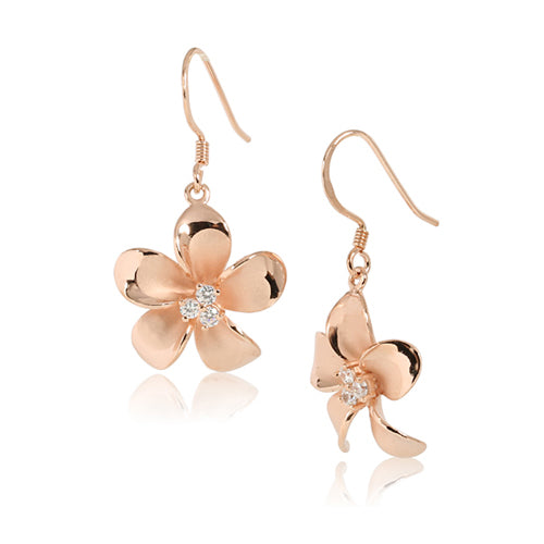 Sterling Silver 18MM Prong Setting CZ Plumeria Hook Earring Pink Gold Plated - Hanalei Jeweler