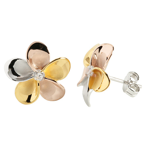 Sterling Silver Tri-Color Plumeria Stud Earring 15mm - Hanalei Jeweler