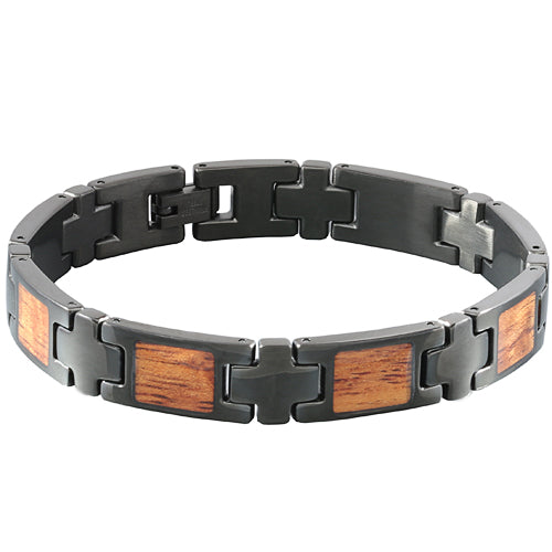 Koa Wood Inlay Bracelet Iron Plated Black - Hanalei Jeweler