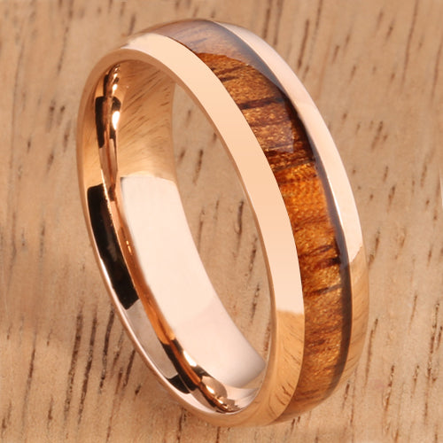 Pink Gold Stainless Natural Hawaiian Koa Wood Inlay Dome Wedding Ring 6mm - Hanalei Jeweler