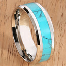 8mm Blue Turquoise Inlaid Stainless Beveled Edge Wedding Ring - Hanalei Jeweler