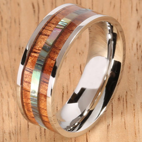 8mm Natural Hawaiian Koa Wood and Abalone Inlaid Stainless Steel Flat Wedding Ring - Hanalei Jeweler